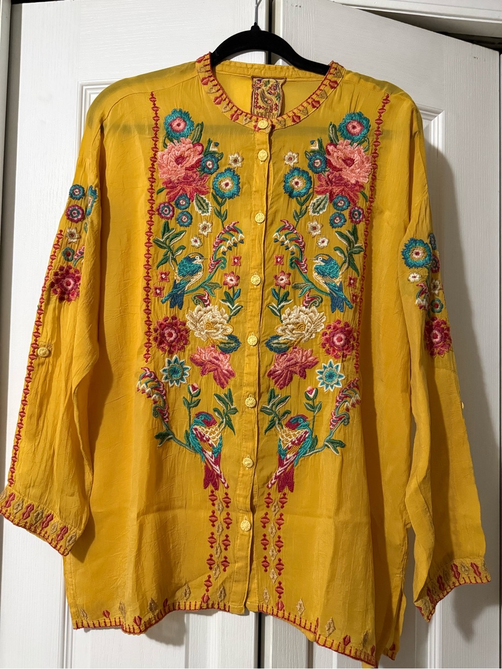 Johnny Was Mustard Yellow Embroidered Mandarin Collar Button Down Shirt - M NWT